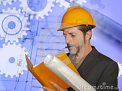 Confident industrial engineer man in builder helmet checking building construction blueprints on development and Stock Photo