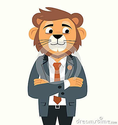 Confident lion character in a suit with a tie, standing arms crossed. Professional businessman, leadership, corporate Vector Illustration