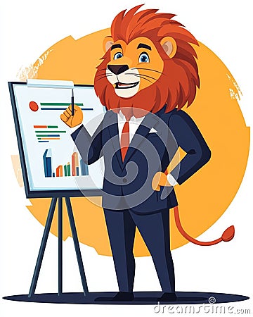 A lion in a tailored suit giving a dynamic presentation with charts and a pointer stick Stock Photo