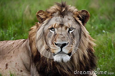 Confident male lion stares sharply into the camera lens Stock Photo