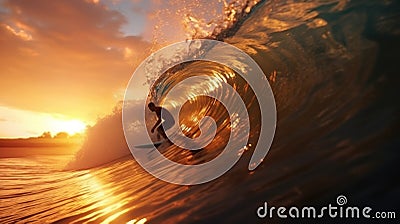 Confident male surfer rides wave in tropics. Man surfs wave in Maldives Stock Photo
