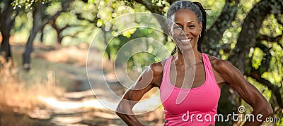 Confident mature woman in pink sportswear radiating joy and fitness in high quality image Stock Photo
