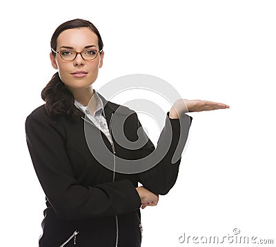 Confident Mixed Race Businesswoman Gesture to Side Stock Photo