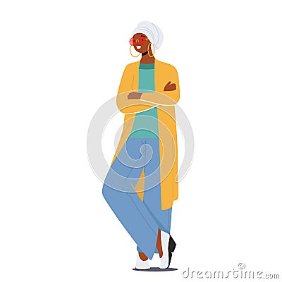 Confident, Modern Muslim Woman Character Wear Colorful Outfit Stand With Folded Arms, Strives For Success Vector Illustration