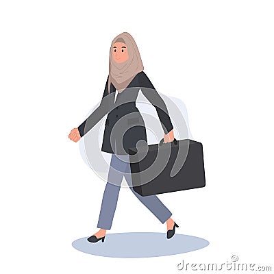 Confident Muslim Female Entrepreneur Walking City Streets with Briefcase Vector Illustration