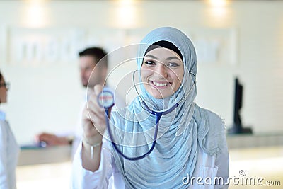 Confident Muslim medical student pose at hospital Stock Photo