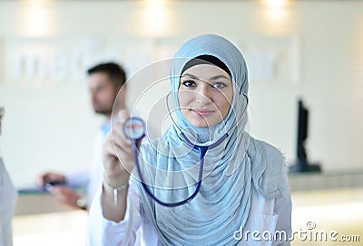 Confident Muslim medical student pose at hospital Stock Photo