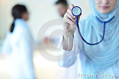 Confident Muslim medical student pose at hospital Stock Photo