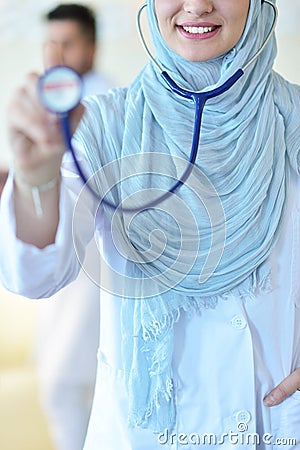 Confident Muslim medical student pose at hospital Stock Photo