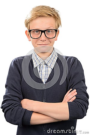 Confident nerd boy wearing geek glasses Stock Photo