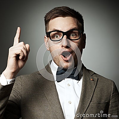 Confident nerd in eyeglasses and bow tie Stock Photo