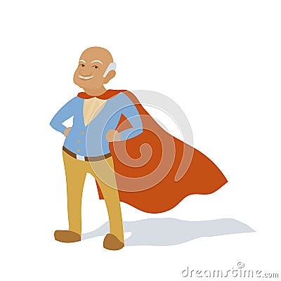 Confident old man grandfather as superhero character. Senior citizen in super hero cape. Vector flat cartoon Vector Illustration