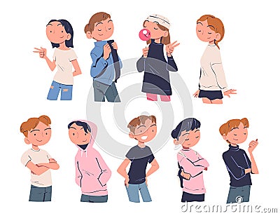 Confident People Characters with Satisfied Face Expressing Self Pride Vector Set Stock Photo