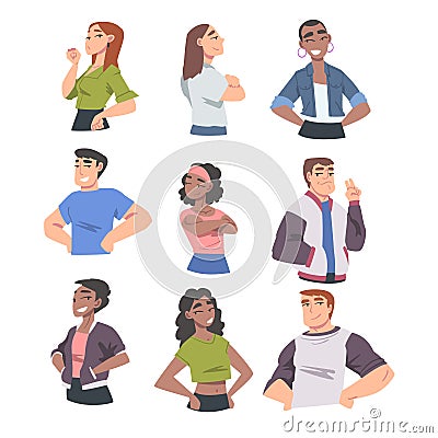 Confident People, Cheerful Young Women and Men Expressing Positive Emotions, Self Love, Self Pride, Acceptance, Esteem Vector Illustration