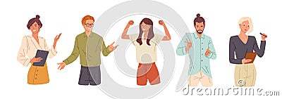 Confident people flat vector illustrations set. Presentation woman, college student and successful businesswoman. Girl Vector Illustration