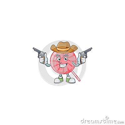 Confident pink round lollipop Cowboy cartoon character holding guns Vector Illustration