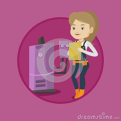 Confident plumber with clipboard. Vector Illustration