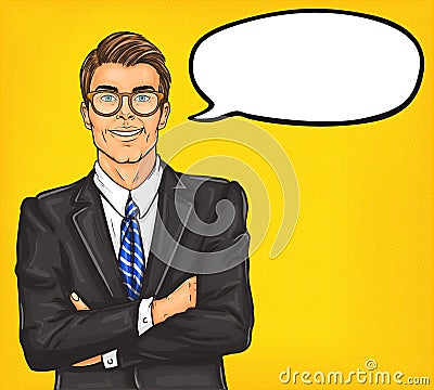 Confident pop art man in a suit and glasses Cartoon Illustration