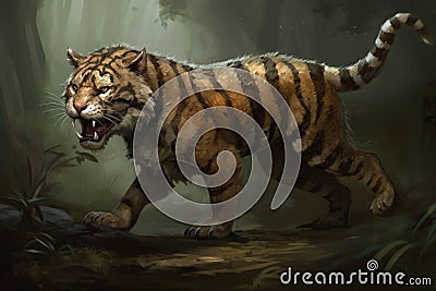 A confident sabertoothed tiger its tail held high as it strides confidently forward.. AI generation Stock Photo