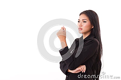 Confident, smart, professional asian businesswoman looking up Stock Photo