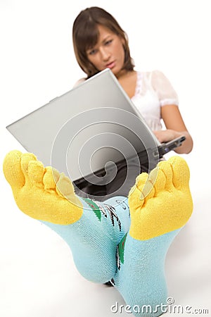 Confident smiling girl with laptop close-up Stock Photo