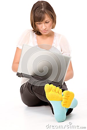 Confident smiling girl with laptop close-up Stock Photo