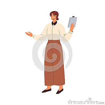 Confident speaker at business conference. Public speech, presentation of happy woman with clipboard and microphone Vector Illustration