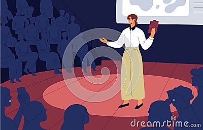 Confident speaker with microphone standing on stage before audience during presentation. Public speaking of young woman Vector Illustration