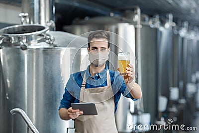 Confident specialist in apron holds beer glass, brewery expert controlling quality of ale Stock Photo