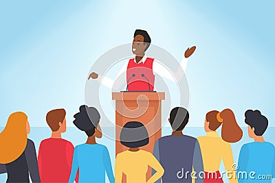 Confident speech of speaker in front of audience, young man orator standing behind podium Vector Illustration