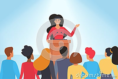 Confident speech of speaker in front of audience, young woman orator standing behind podium Vector Illustration