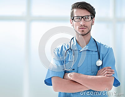 Confident surgeon man in blue uniform Stock Photo