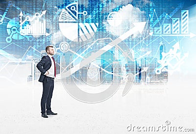 A confident trader is standing in the digital space over the New York city sketch. Stock Photo