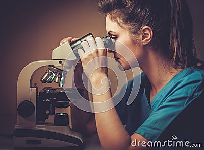 Confident veterinarian examining the test under the microscope in Veterinary clinic. Stock Photo