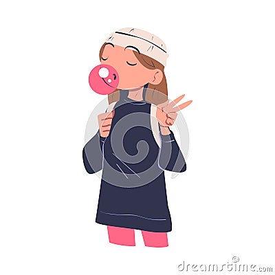 Confident Woman Character Blowing Gum Bubble with Satisfied Face Showing V Sign Gesture Expressing Self Pride Vector Vector Illustration