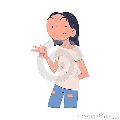 Confident Woman Character with Satisfied Face Showing V Sign Gesture Expressing Self Pride Vector Illustration Vector Illustration