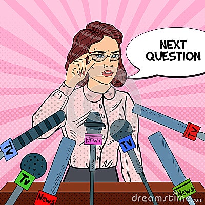 Confident Woman Giving Press Conference. Mass Media Interview. Pop Art illustration Vector Illustration
