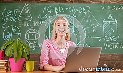 Confident woman with laptop working online teacher. Modern education. Back to school. Remote education. Student adorable Stock Photo