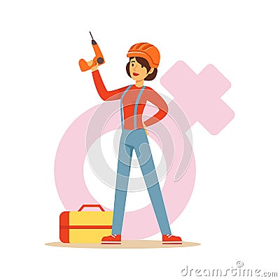 Confident woman in orange helmet holding a drill, female taking on traditional male rolecolorful character vector Vector Illustration