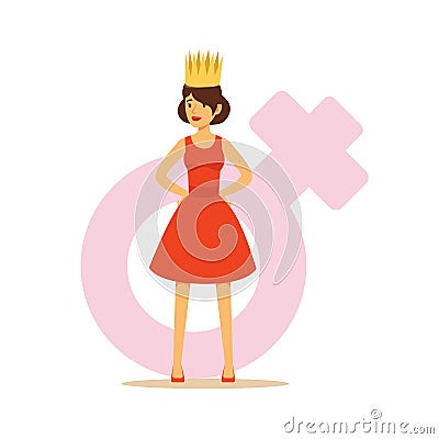 Confident woman in a red dress and gold crown, colorful character vector Illustration Vector Illustration