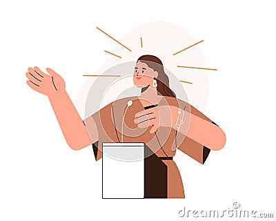 Confident woman speaker speaking behind podium. Public speech, eloquence concept. Professional orator, good lecturer Vector Illustration