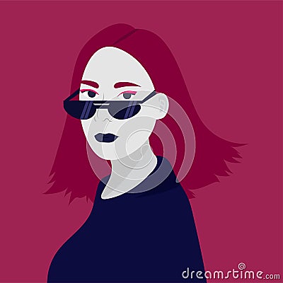Confident women wear sunglasses. Beautiful female avatar. Pink hair girl portrait. Vector Illustration
