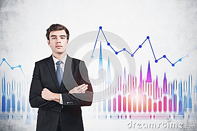 Confident businessman and graph on wall, growth Stock Photo