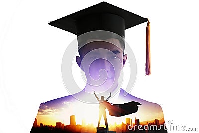 Confident young graduation man face with knowledge is power concepts Stock Photo