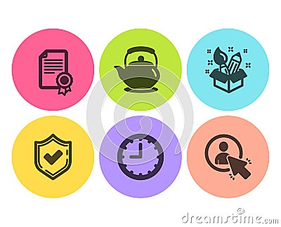 Confirmed, Certificate and Creativity icons set. Time, Teapot and User signs. Accepted message, Diploma. Vector Vector Illustration