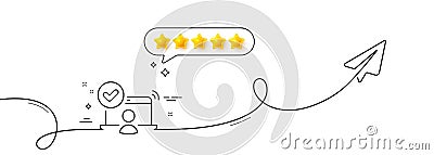 Confirmed online access line icon. Approved notebook sign. Continuous line with plane. Vector Vector Illustration