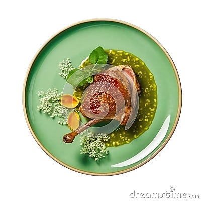 Confit De Canard On A Limegreen Round Plate, French Dish. Generative AI Stock Photo