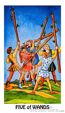 Five 5 of Wands Tarot Card Conflict Chaos Commotion Unruly Boisterous Struggle Inner Struggle Stock Photo