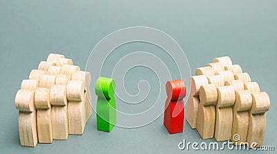 The conflict between the leaders of the two teams. Business competition. Search for compromises. People in the discussion. Stock Photo