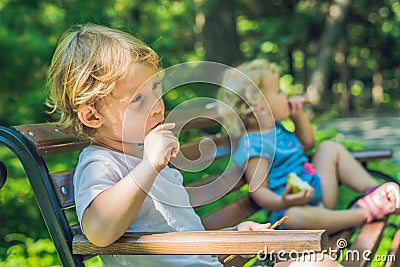 Conflict on the playground, resentment, Boy and girl quarrel Stock Photo